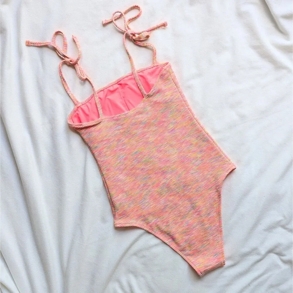 Aerie Pink Coral Space Dye Pique Bandeau One Piece Swimsuit XS Cheeky Cut New
